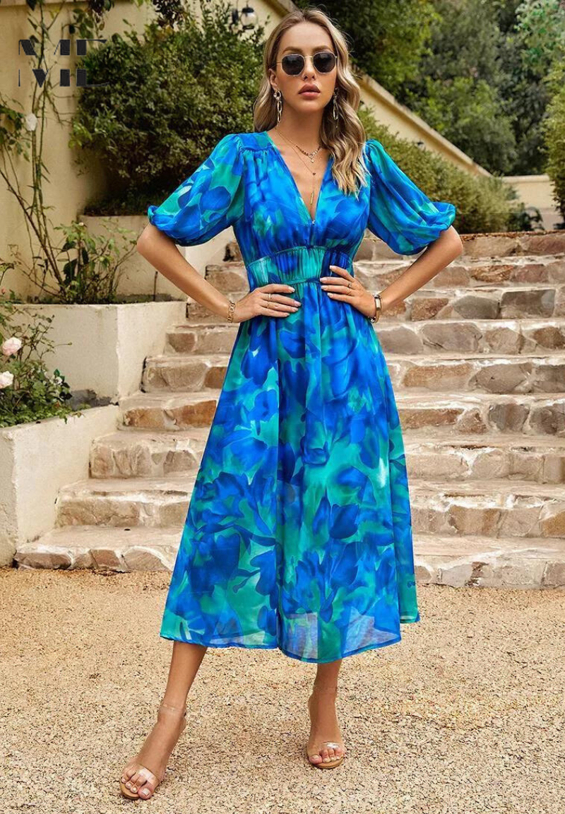Women's Floral V-Neck Midi Dress | Elegant Flattering A-Line Dress