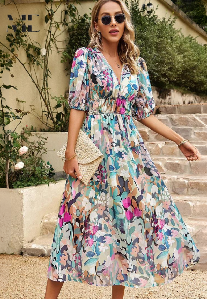 Women's Floral V-Neck Midi Dress | Elegant Flattering A-Line Dress