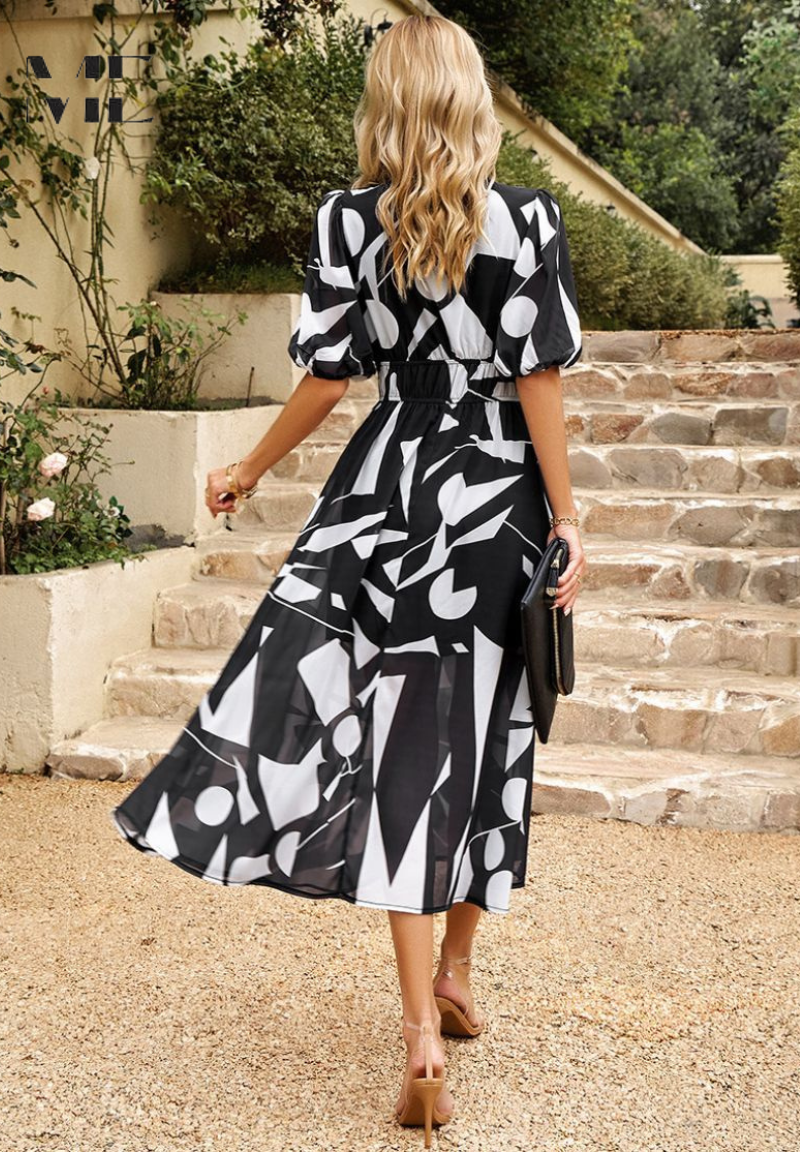 Women's Floral V-Neck Midi Dress | Elegant Flattering A-Line Dress