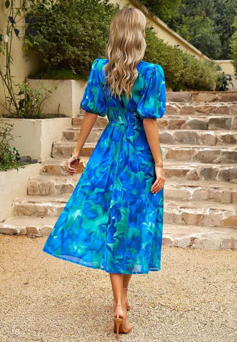 Women's Floral V-Neck Midi Dress | Elegant Flattering A-Line Dress