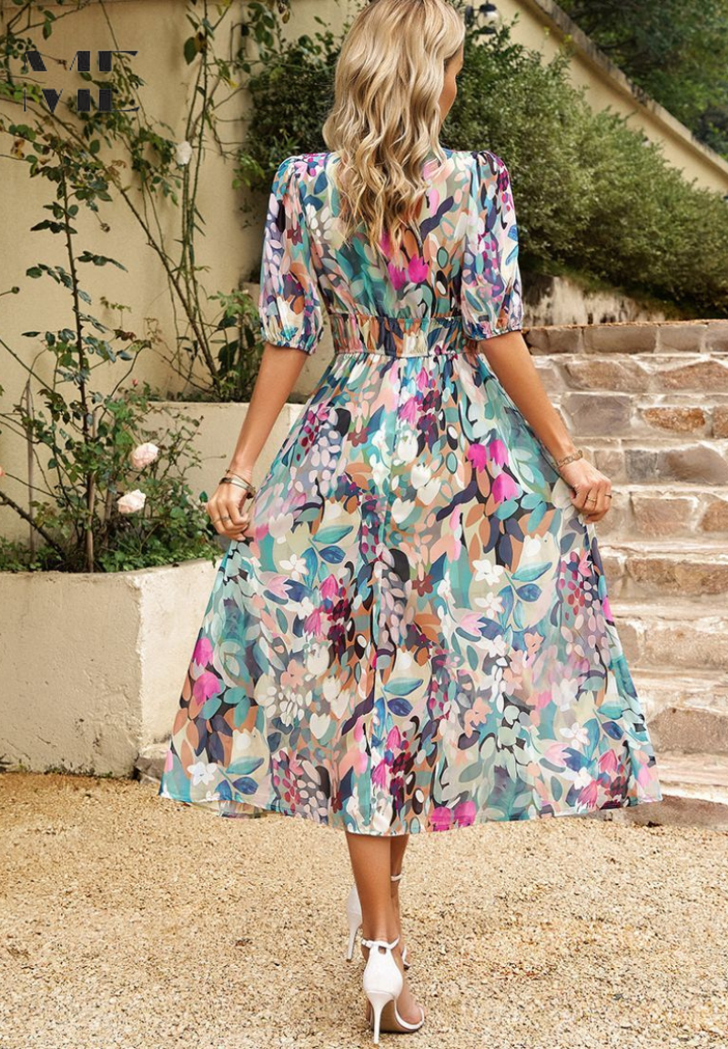 Women's Floral V-Neck Midi Dress | Elegant Flattering A-Line Dress