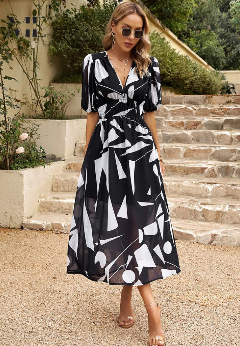 Women's Floral V-Neck Midi Dress | Elegant Flattering A-Line Dress