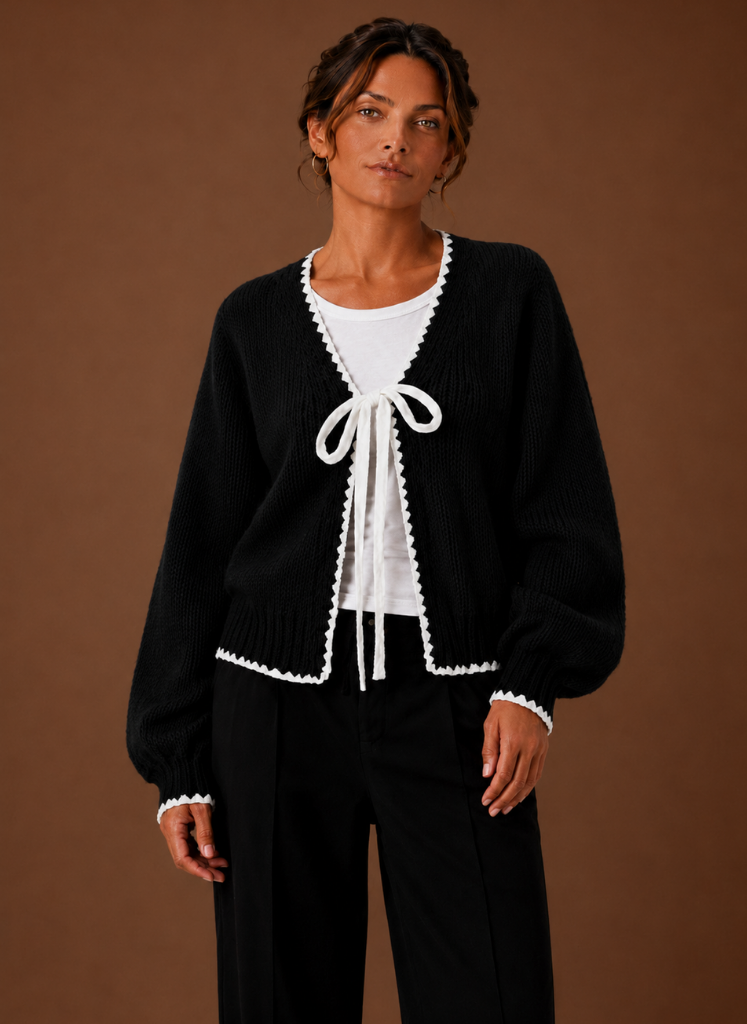Women's Scalloped Trim Knit Cardigan with Bow Front and Balloon Sleeves
