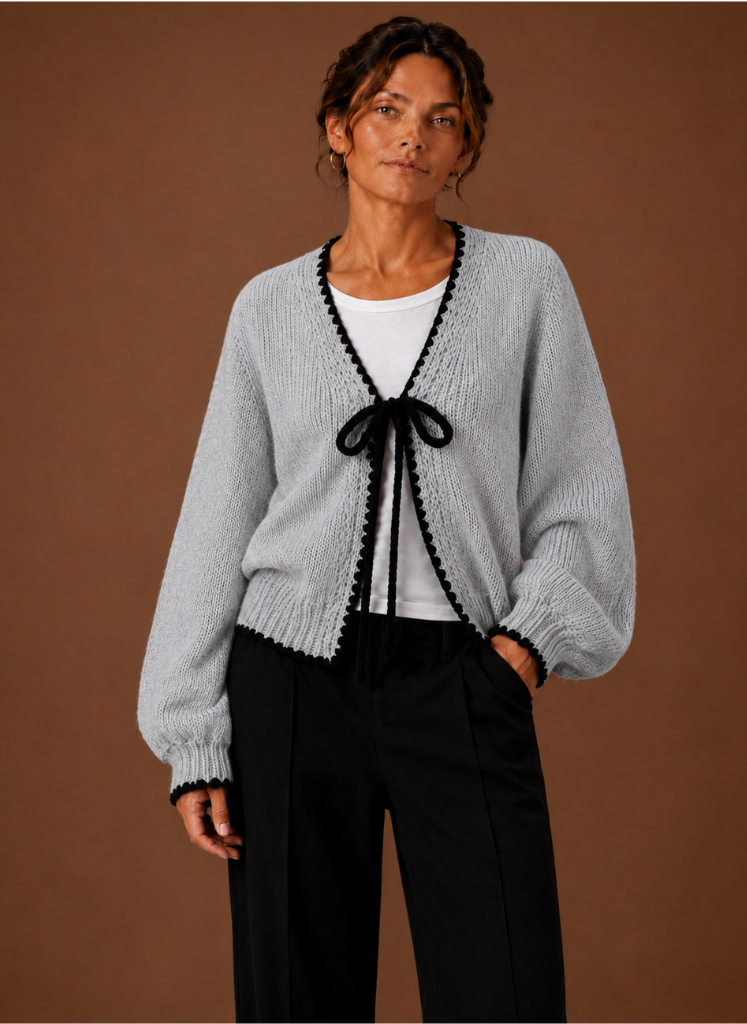 Women's Scalloped Trim Knit Cardigan with Bow Front and Balloon Sleeves