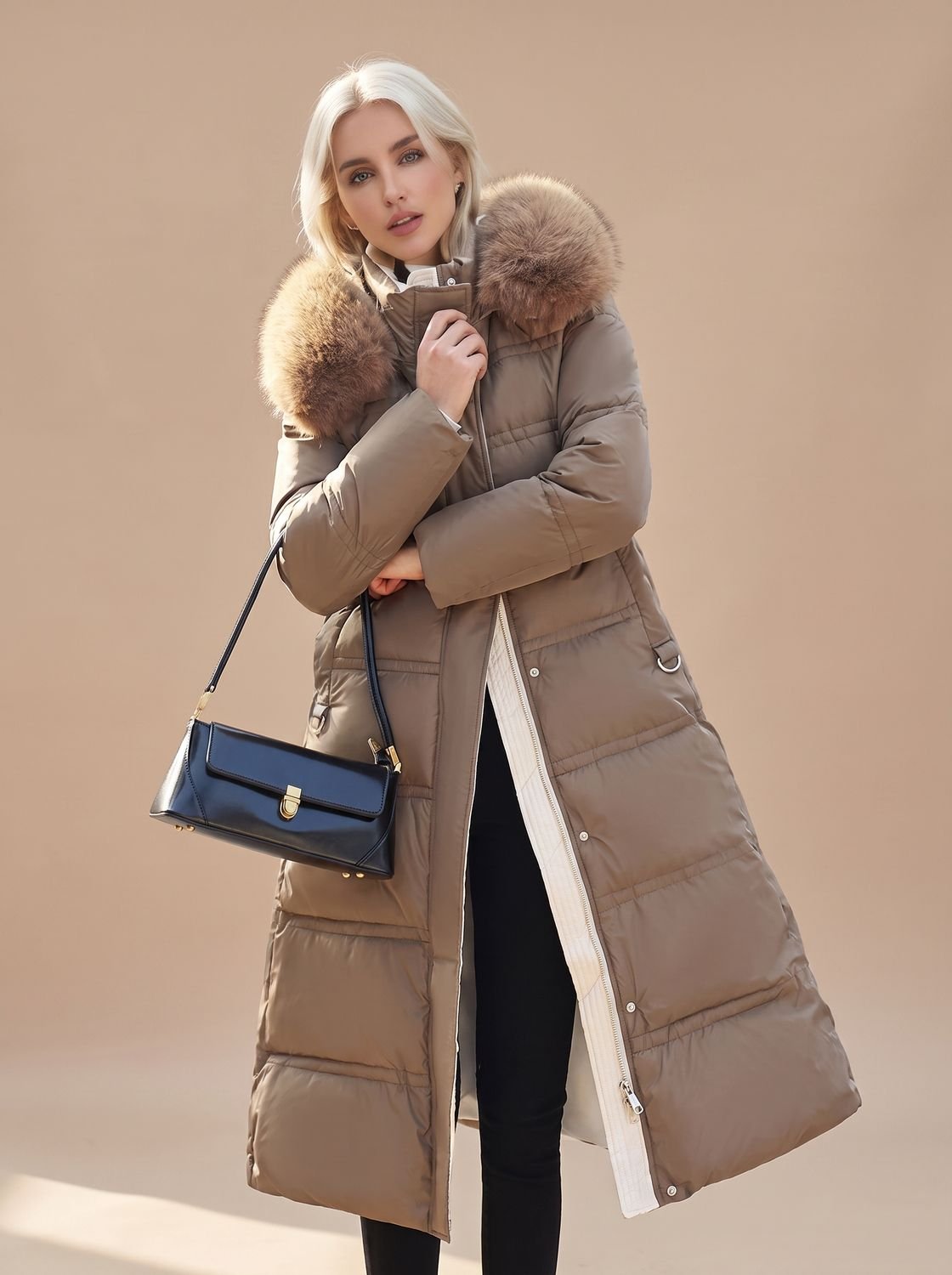Women's Long Quilted Puffer Coat with Faux Fur Hood and Snap Buttons