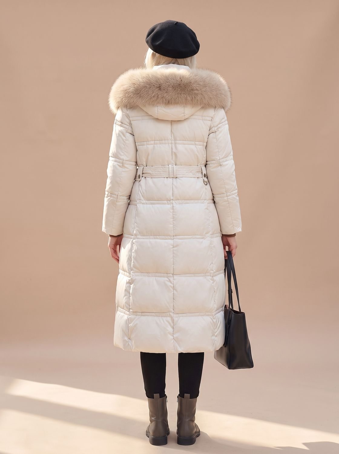 Women's Long Quilted Puffer Coat with Faux Fur Hood and Snap Buttons