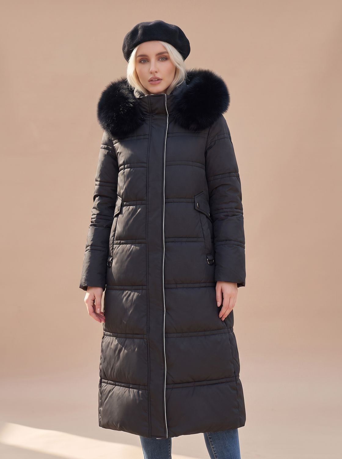 Women's Long Quilted Puffer Coat with Faux Fur Hood and Snap Buttons