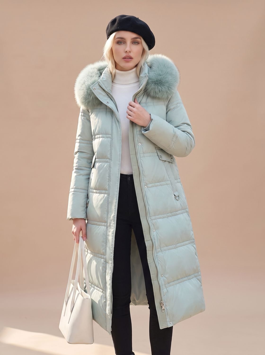 Women's Long Quilted Puffer Coat with Faux Fur Hood and Snap Buttons