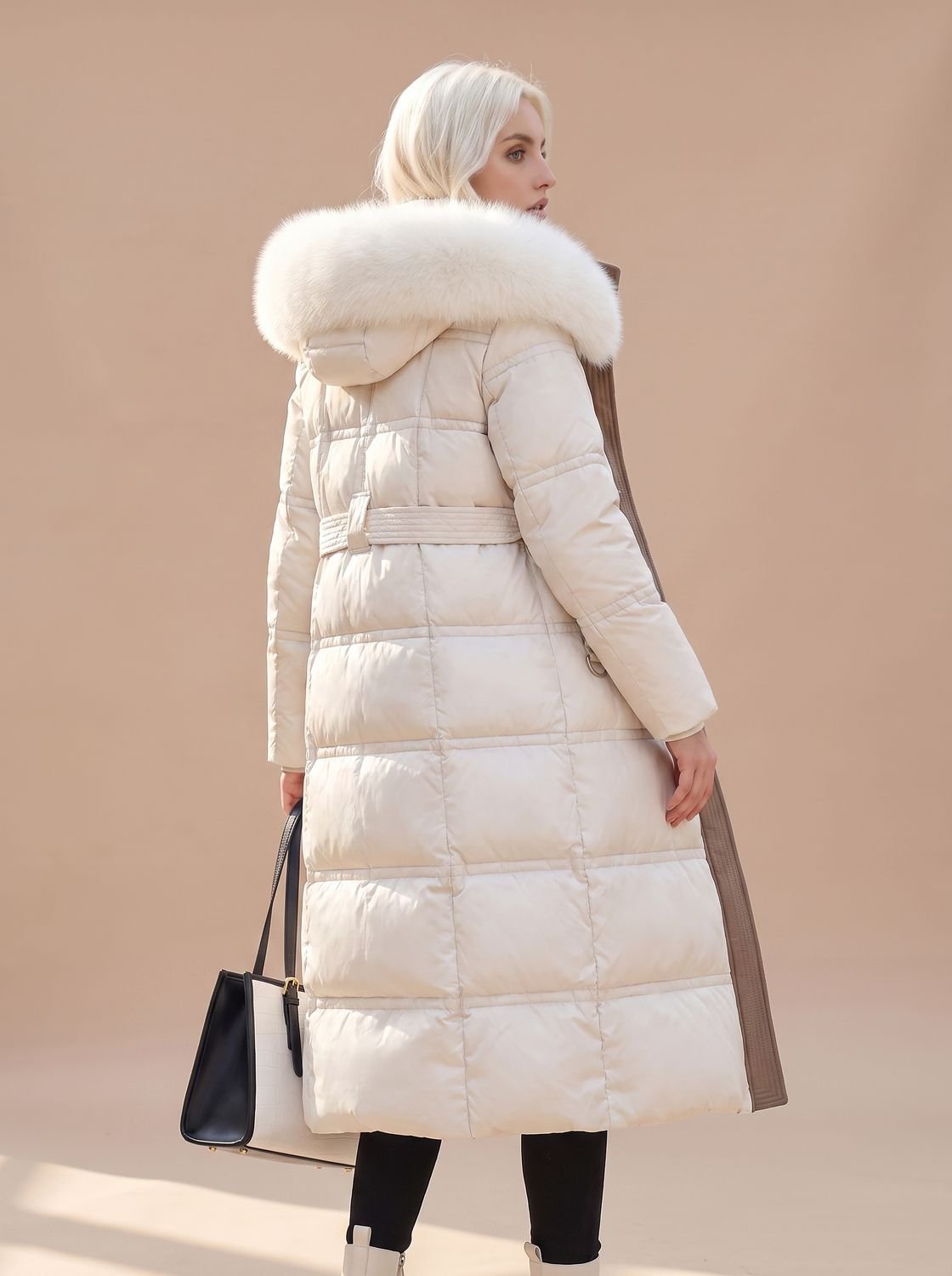 Women's Long Quilted Puffer Coat with Faux Fur Hood and Snap Buttons