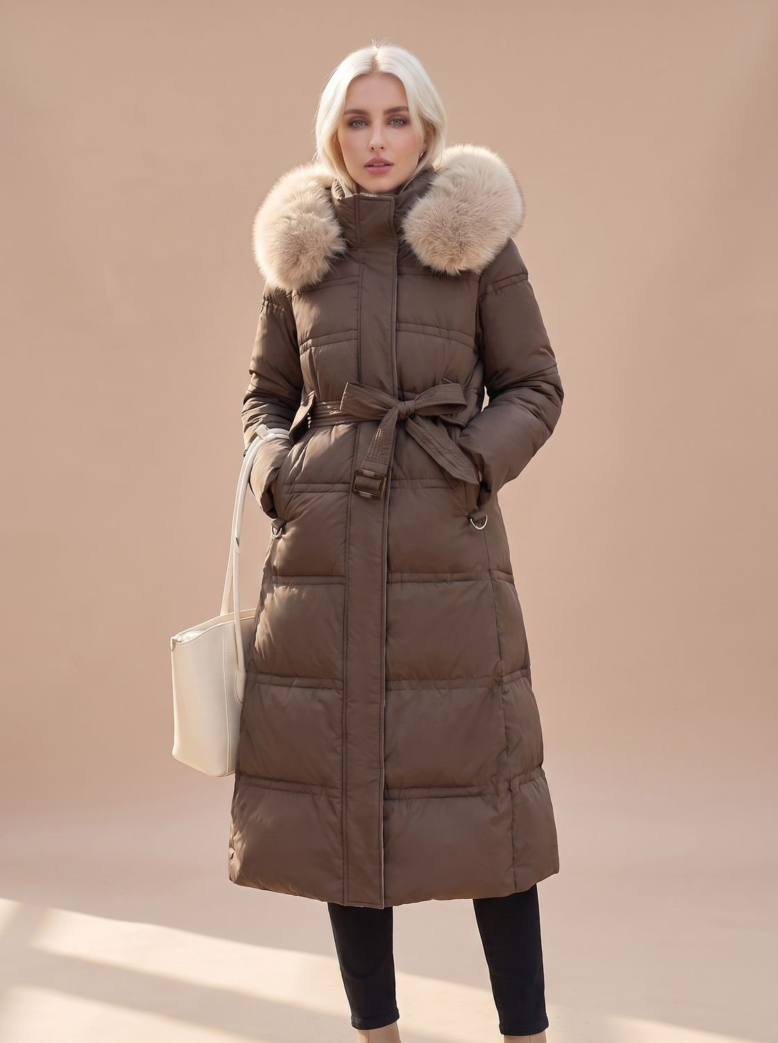 Women's Long Quilted Puffer Coat with Faux Fur Hood and Snap Buttons