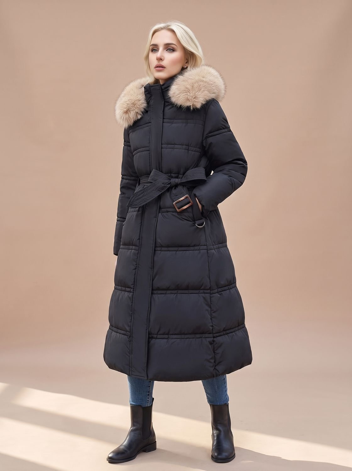 Women's Long Quilted Puffer Coat with Faux Fur Hood and Snap Buttons