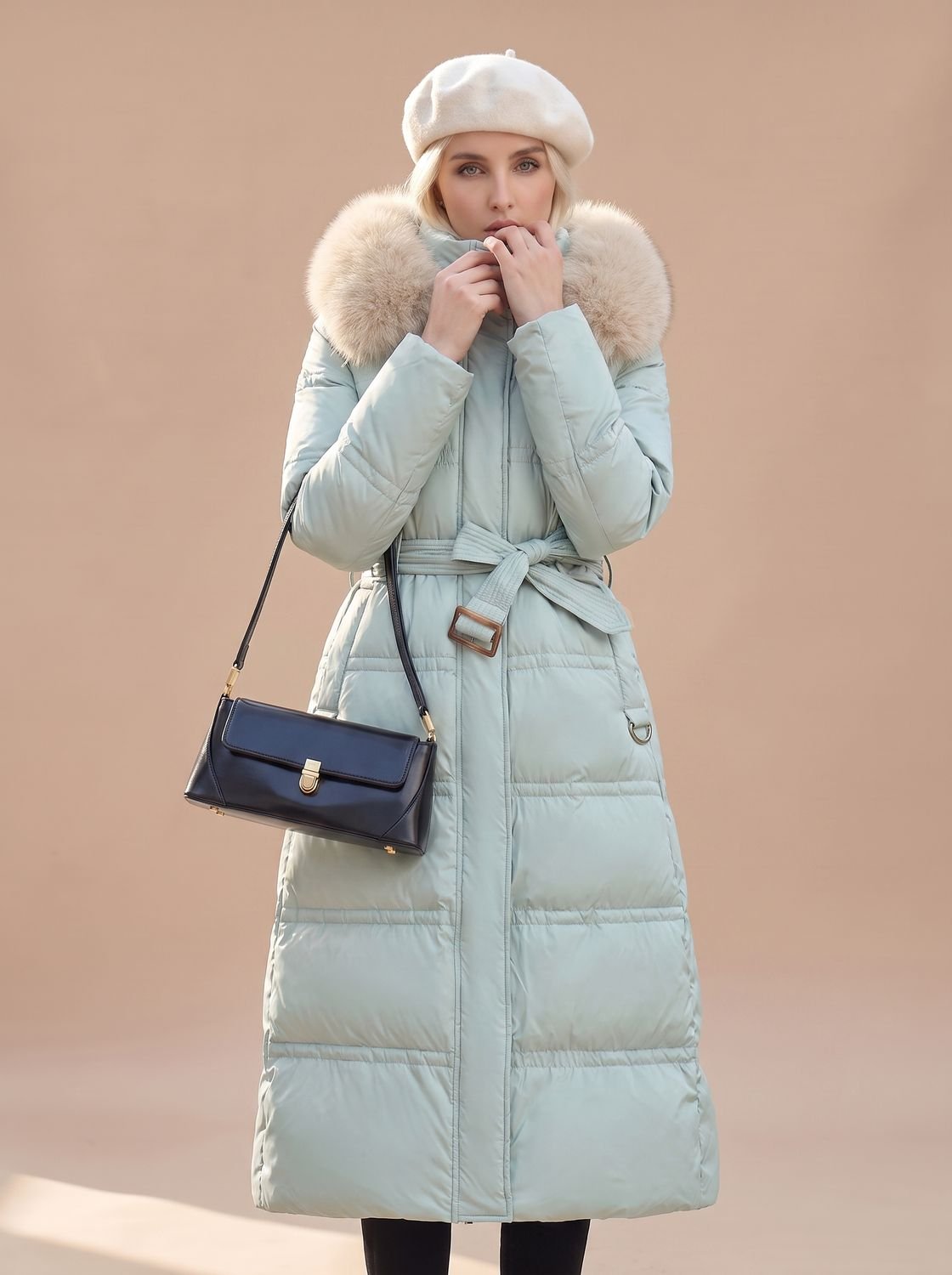 Women's Long Quilted Puffer Coat with Faux Fur Hood and Snap Buttons