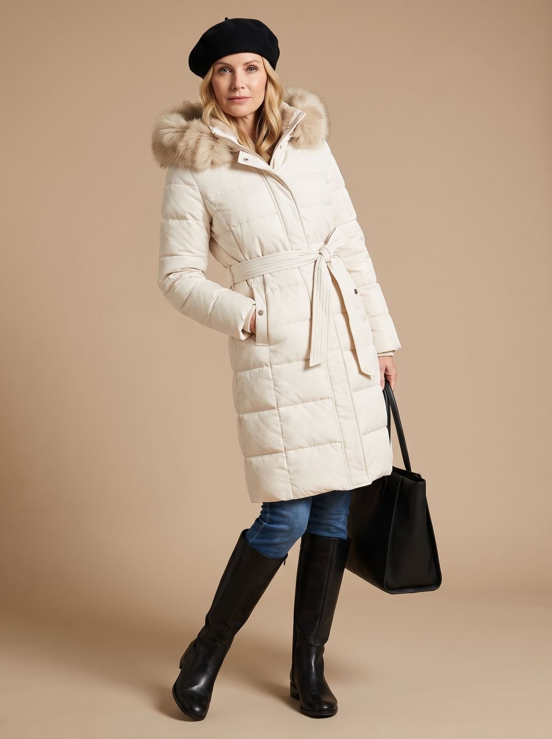 Women's Long Quilted Puffer Coat with Faux Fur Hood and Snap Buttons
