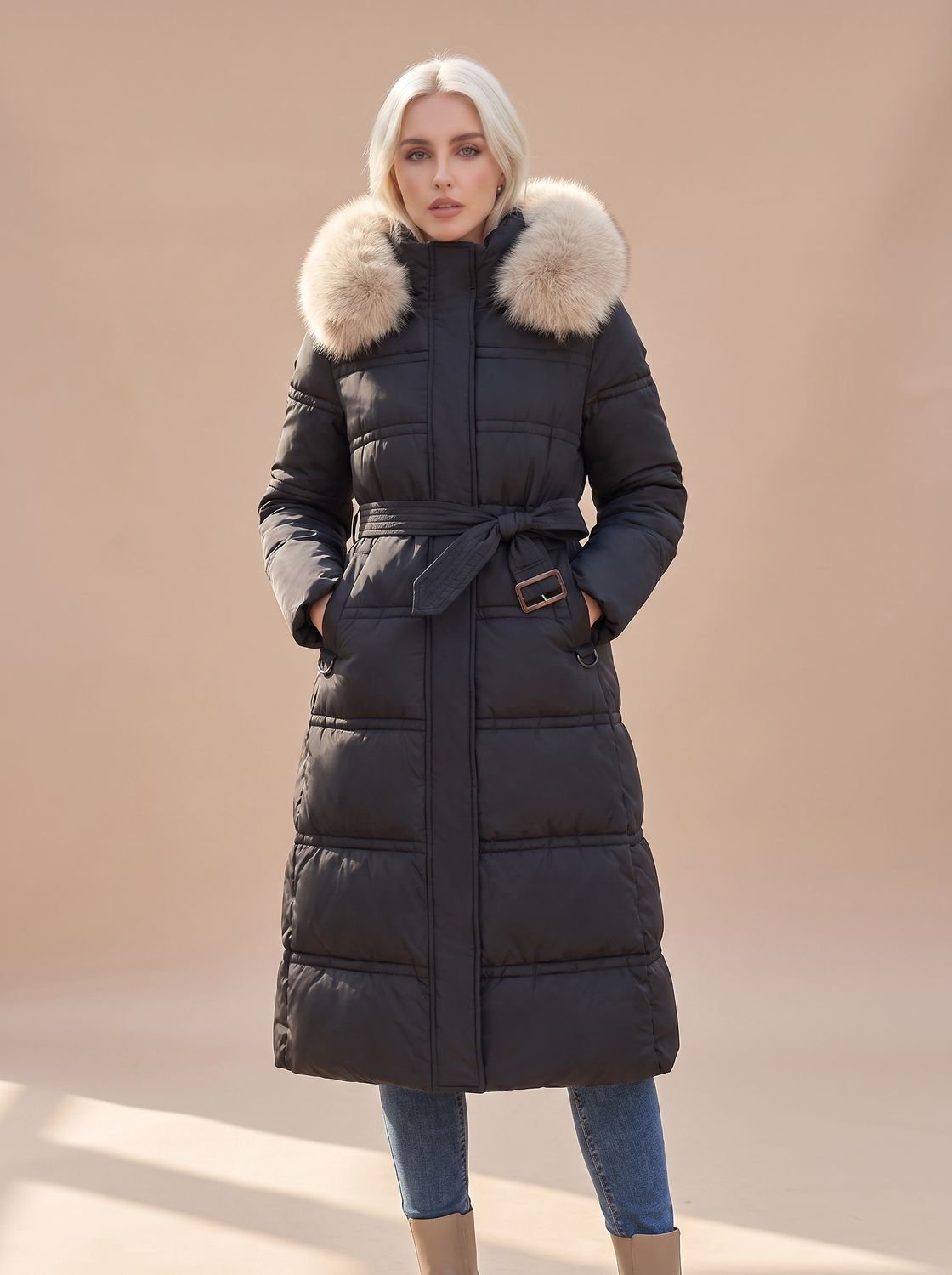 Women's Long Quilted Puffer Coat with Faux Fur Hood and Snap Buttons