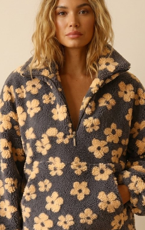 Women's Oversize Fleece Jumper with Floral Pattern, High Neck and Half-Zip