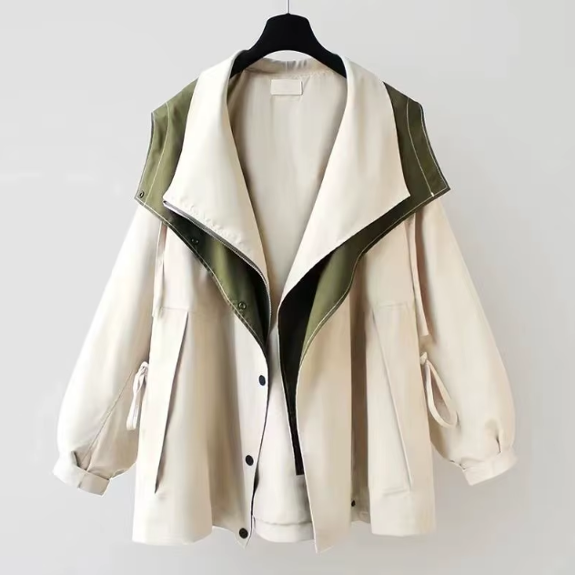 Women's Two Tone Windbreaker Jacket with Wide Lapels and Button Front