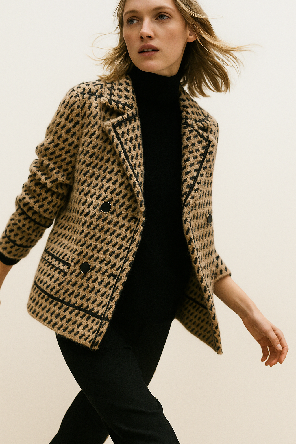 Women's Houndstooth Knit Jacket with Double Breasted Button Front