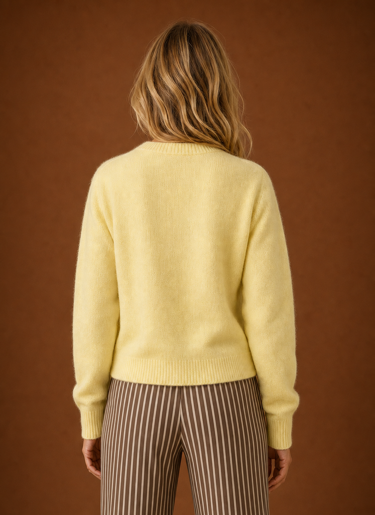 Women's Crew Neck Knit Cardigan with Button Front and Ribbed Details