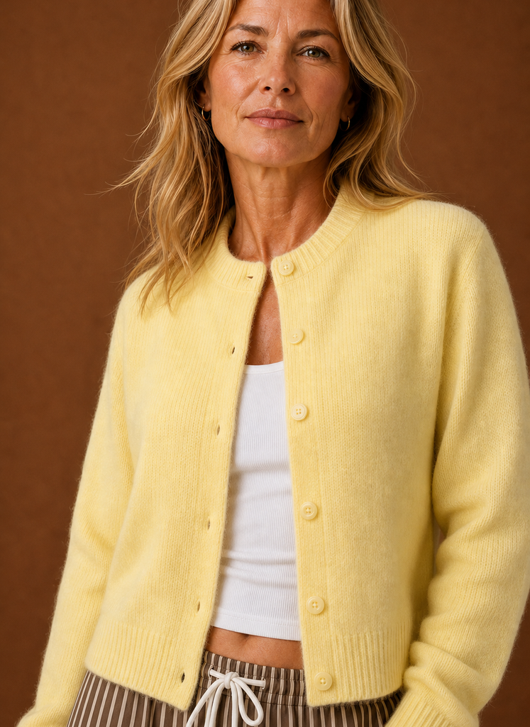 Women's Crew Neck Knit Cardigan with Button Front and Ribbed Details