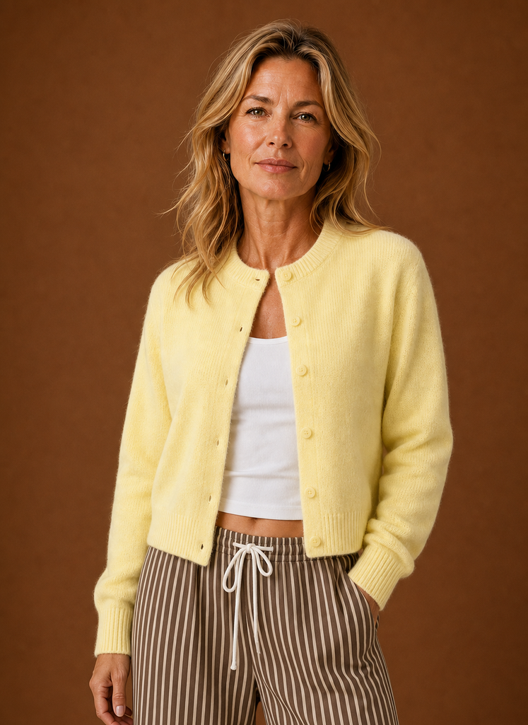Women's Crew Neck Knit Cardigan with Button Front and Ribbed Details