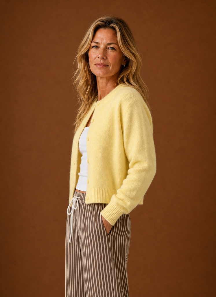 Women's Crew Neck Knit Cardigan with Button Front and Ribbed Details
