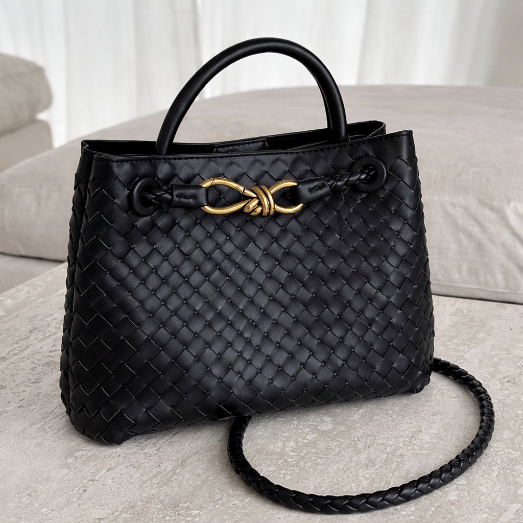 Women's Woven Faux Leather Tote Bag with Gold Clasp