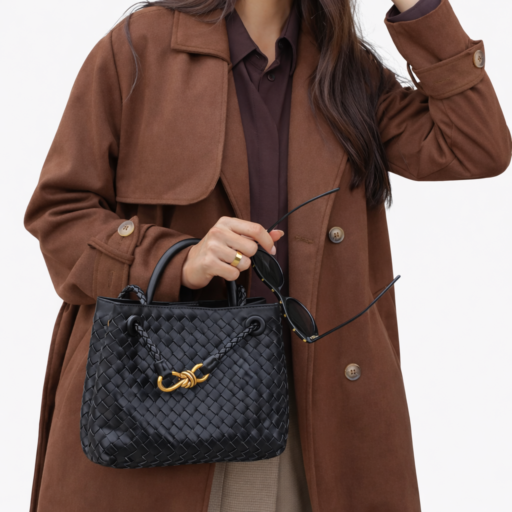 Women's Woven Faux Leather Tote Bag with Gold Clasp